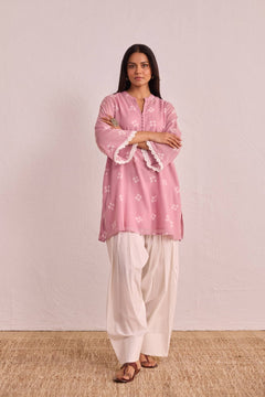 Mauve Pink Bandhej Printed Kurta & White Farsi Salwar Co-ord Set