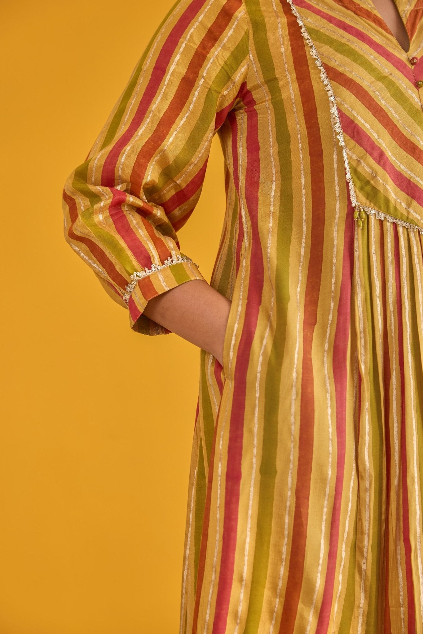 Mustard and Pink Hand Block Printed Kurta with Solid Pant - Tara - C - Tara