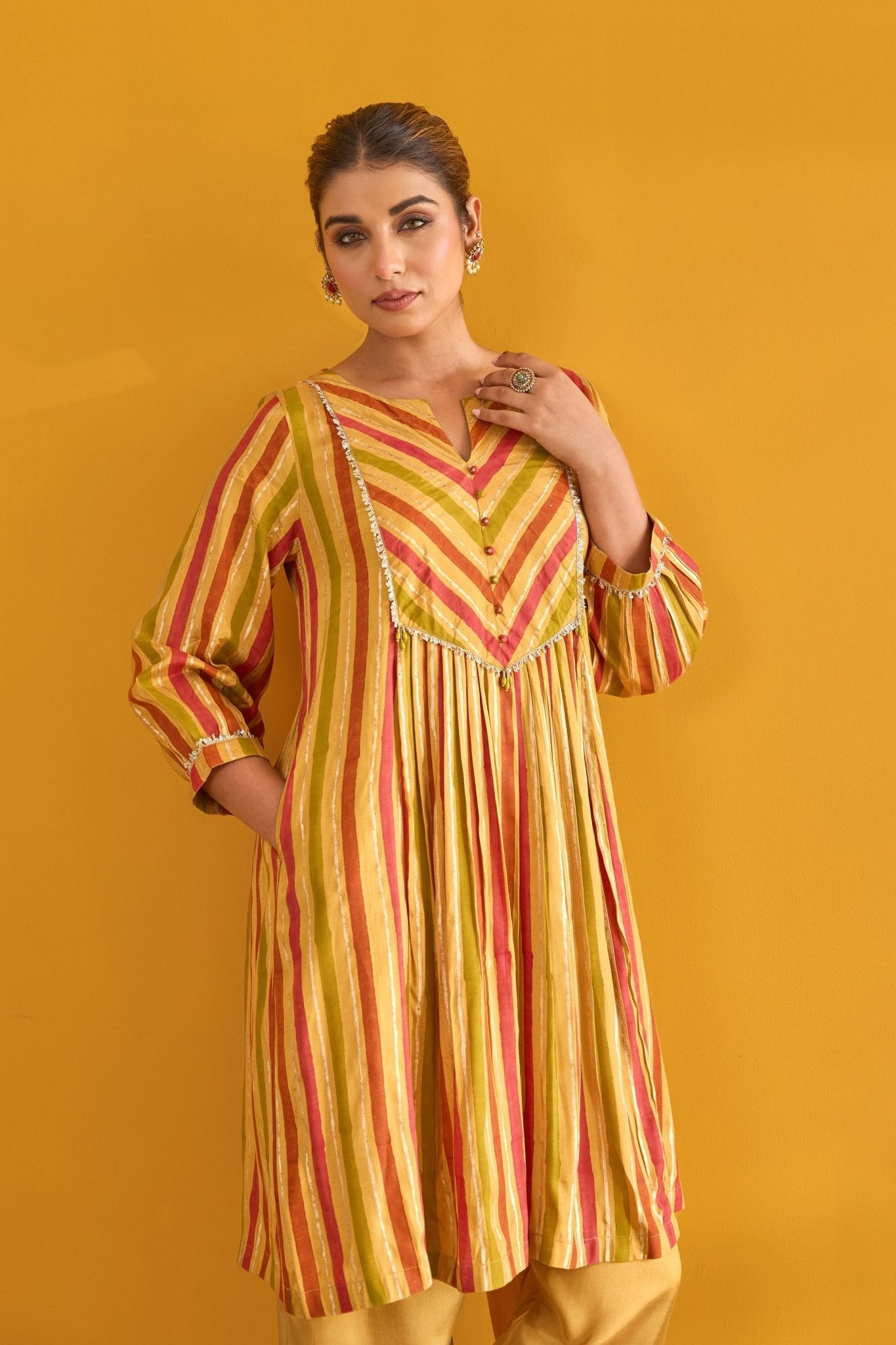 Mustard and Pink Hand Block Printed Kurta with Solid Pant - Tara - C - Tara