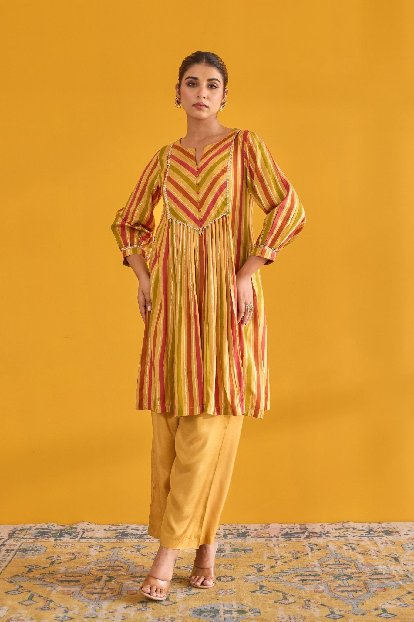 Mustard and Pink Hand Block Printed Kurta with Solid Pant - Tara - C - Tara