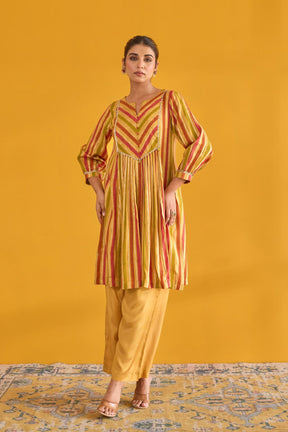 Mustard and Pink Hand Block Printed Kurta with Solid Pant - Tara - C - Tara