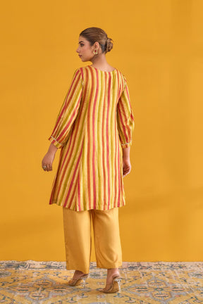 Mustard and Pink Hand Block Printed Kurta with Solid Pant - Tara - C - Tara