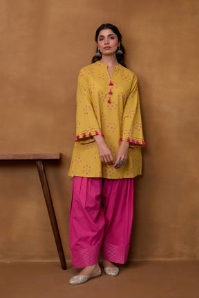 Mustard Bandhani Printed Kurta & Magenta Farsi Salwar Co-ord Set - Tara-C-Tara
