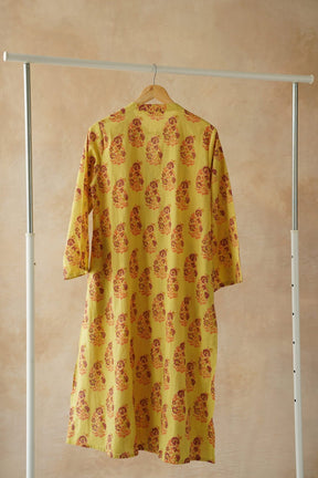 Mustard Buta Hand Block Print Pintuck Kurta - Tara - C - Tara