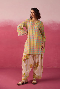 Mustard Checks & Floral Printed Farsi Salwar Printed Co-ord Set
