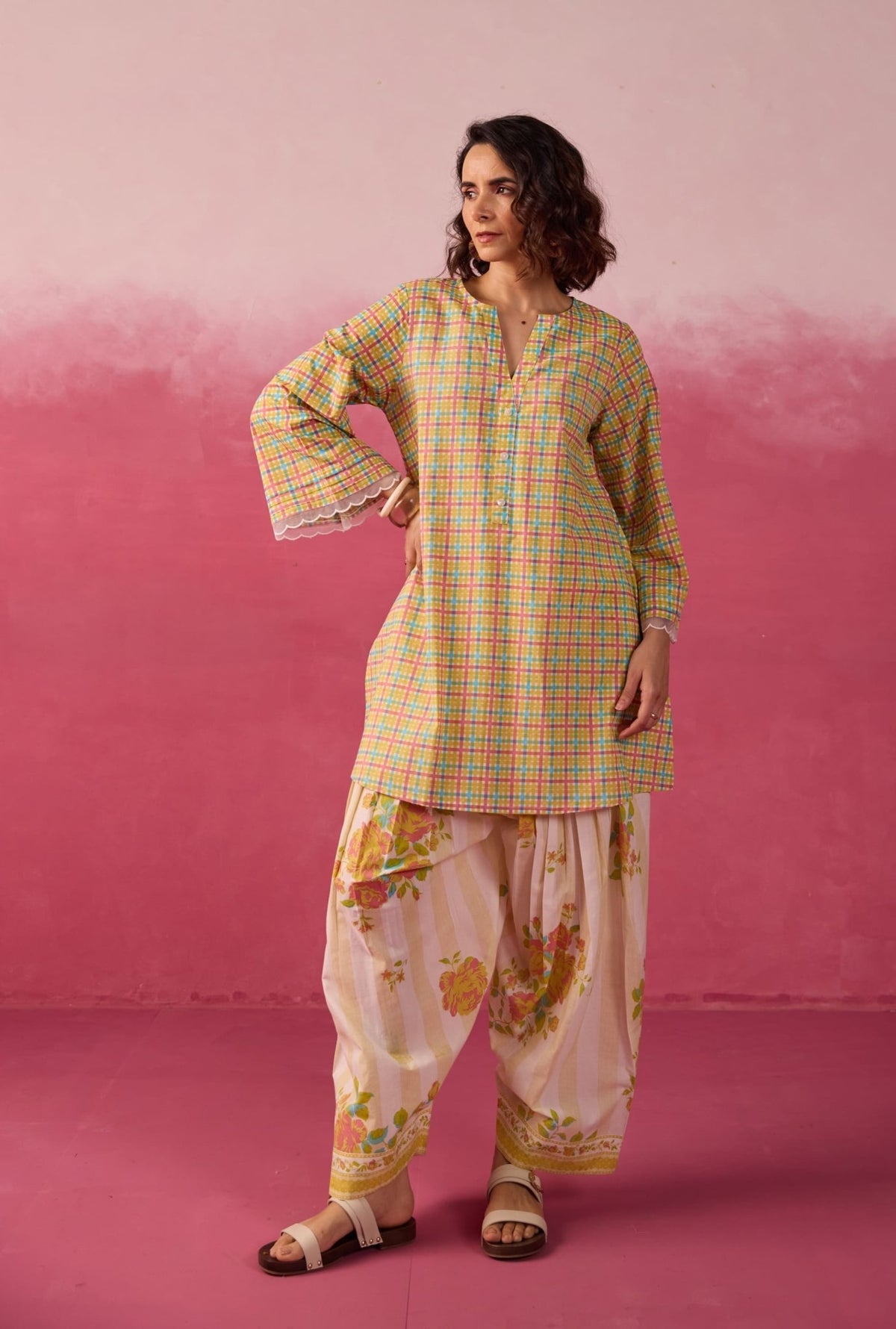 Mustard Checks & Floral Printed Farsi Salwar Printed Co - ord Set - Tara - C - Tara
