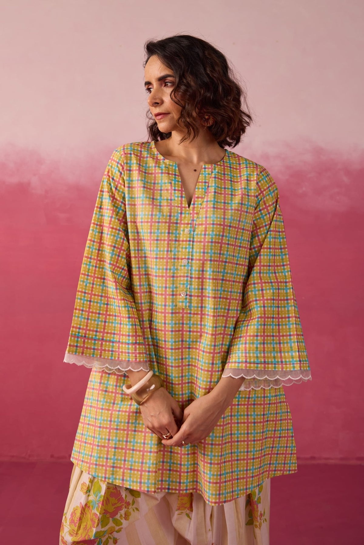 Mustard Checks & Floral Printed Farsi Salwar Printed Co - ord Set - Tara - C - Tara