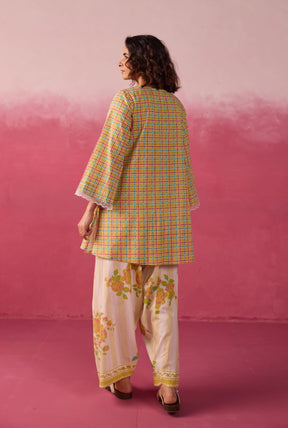 Mustard Checks & Floral Printed Farsi Salwar Printed Co - ord Set - Tara - C - Tara