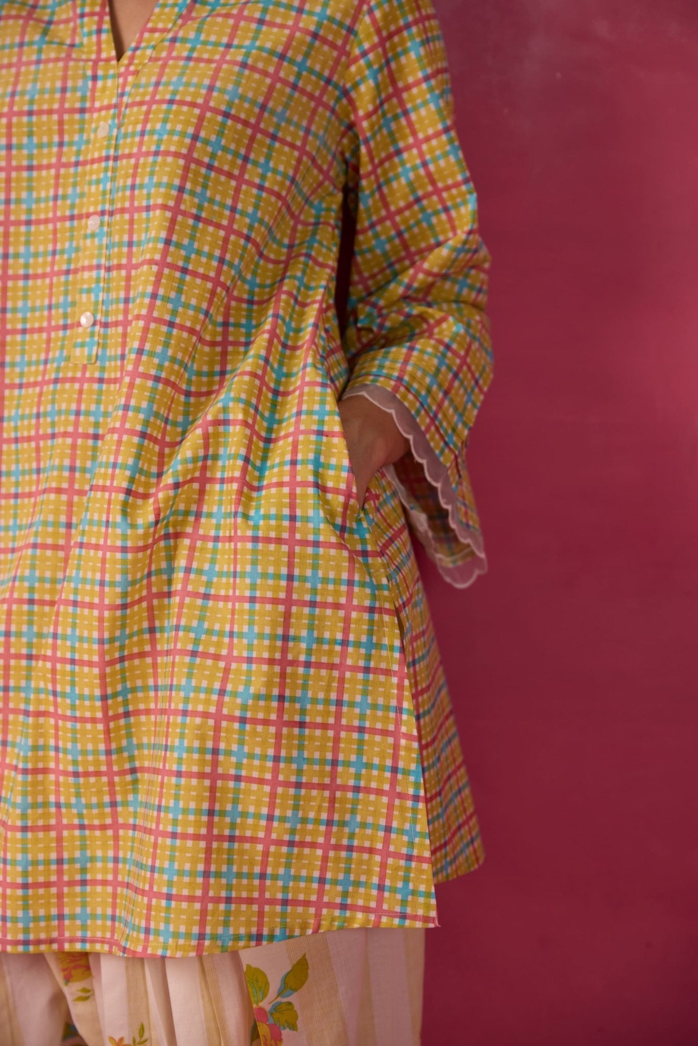 Mustard Checks & Floral Printed Farsi Salwar Printed Co - ord Set - Tara - C - Tara