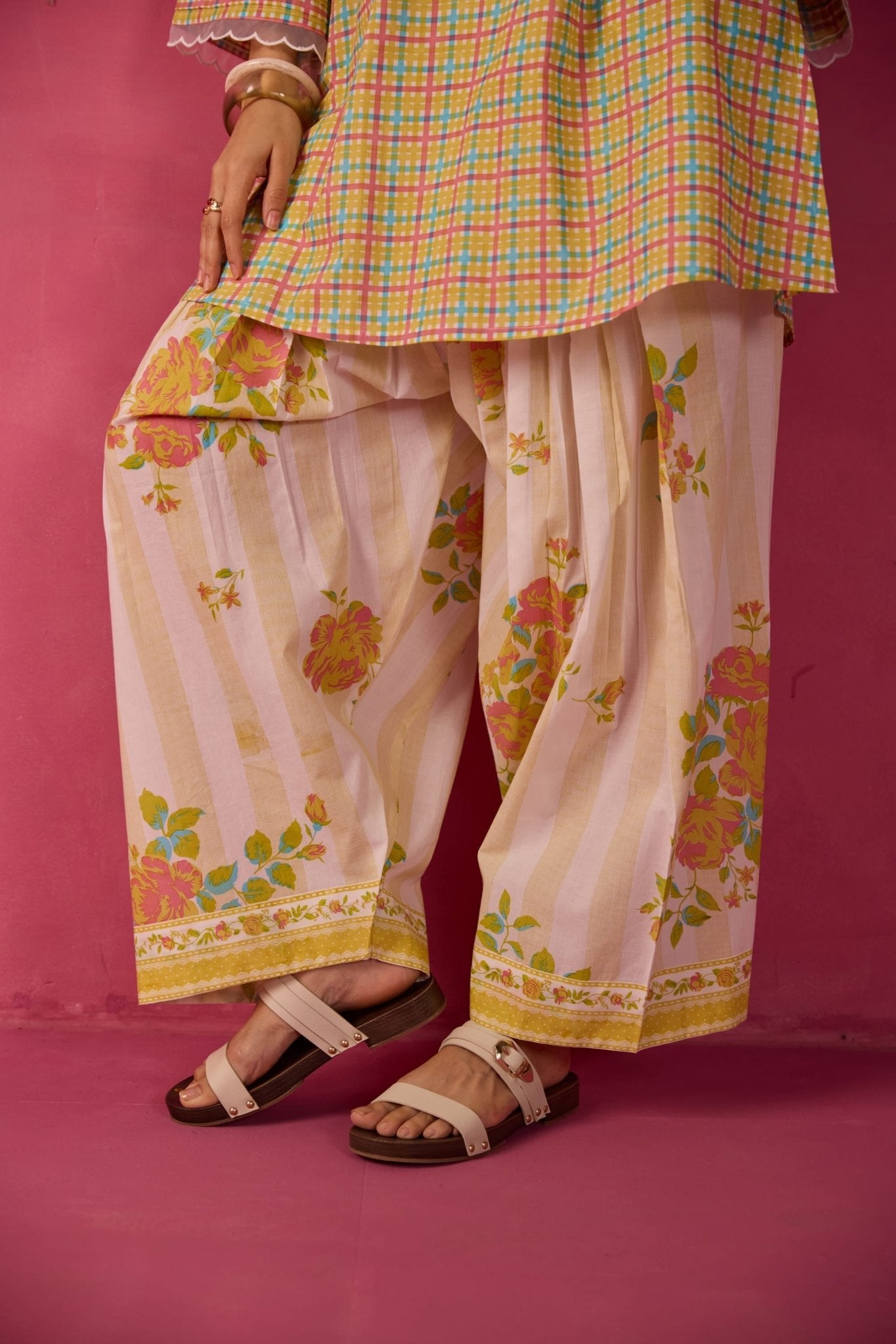 Mustard Checks & Floral Printed Farsi Salwar Printed Co - ord Set - Tara - C - Tara
