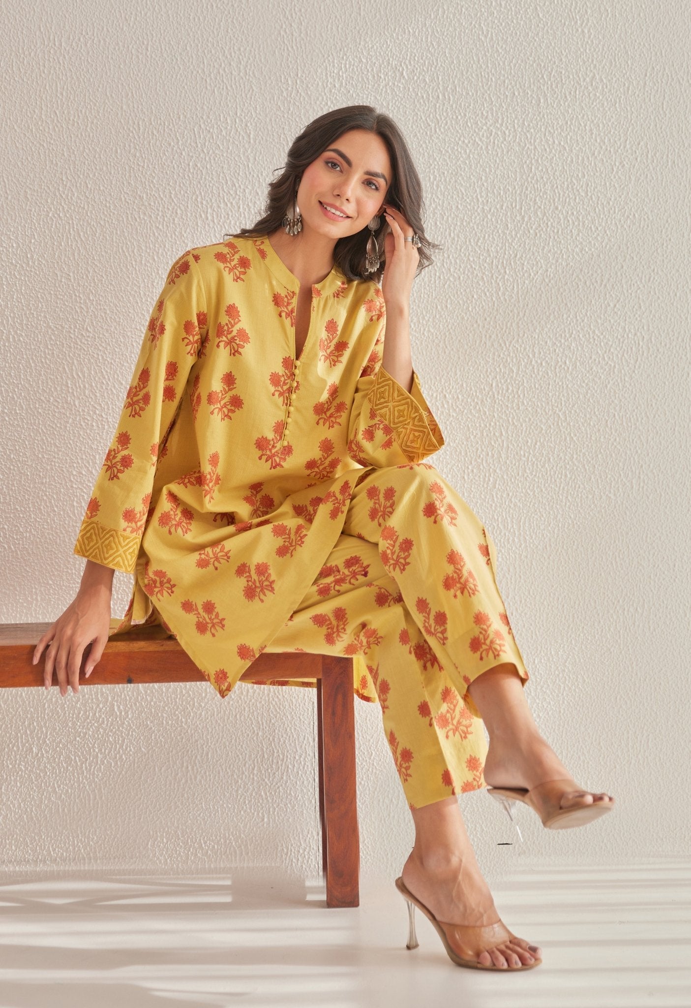 Mustard Floral Buti Hand Block Printed Coord Set - Tara - C - Tara