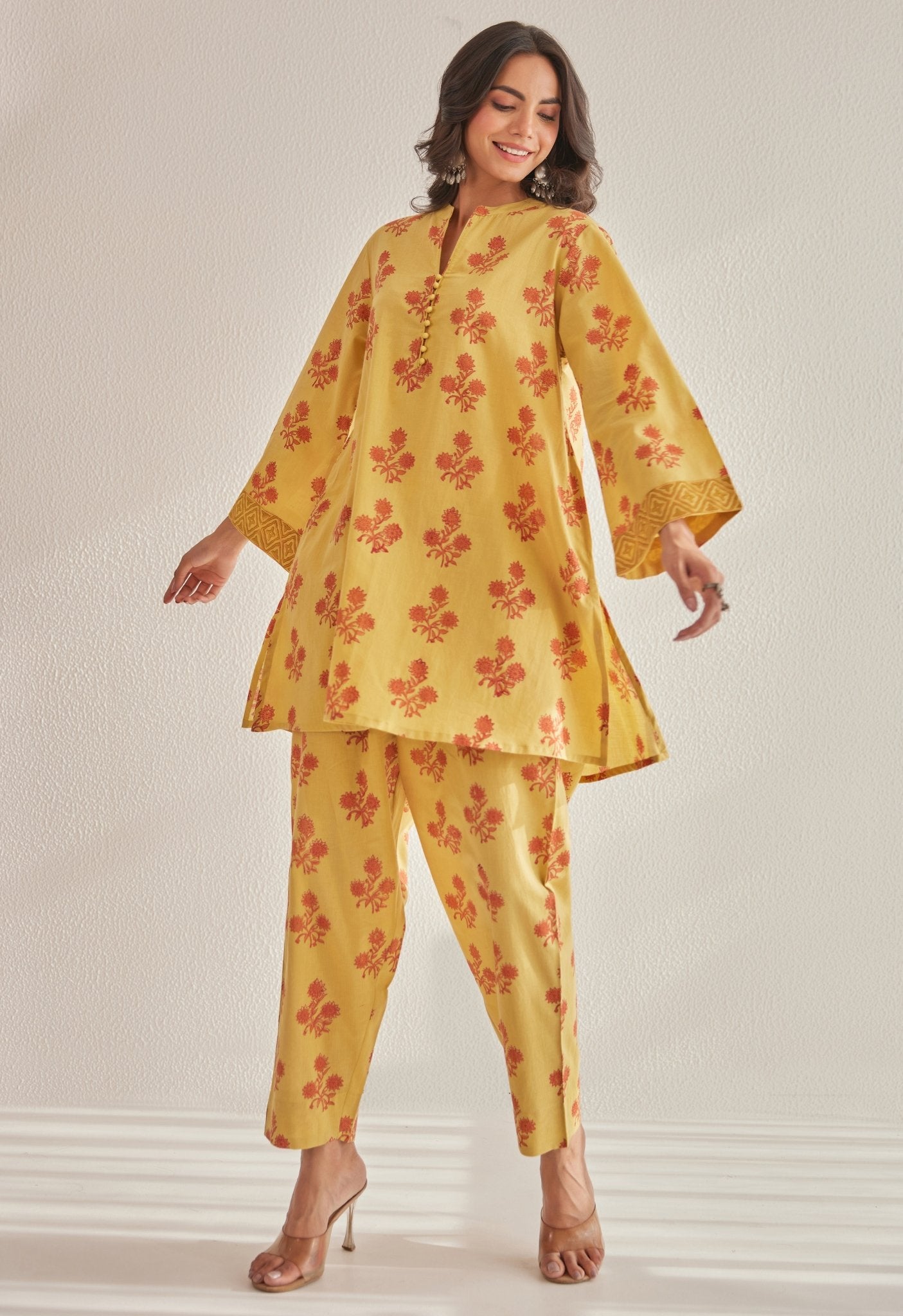 Mustard Floral Buti Hand Block Printed Coord Set - Tara - C - Tara