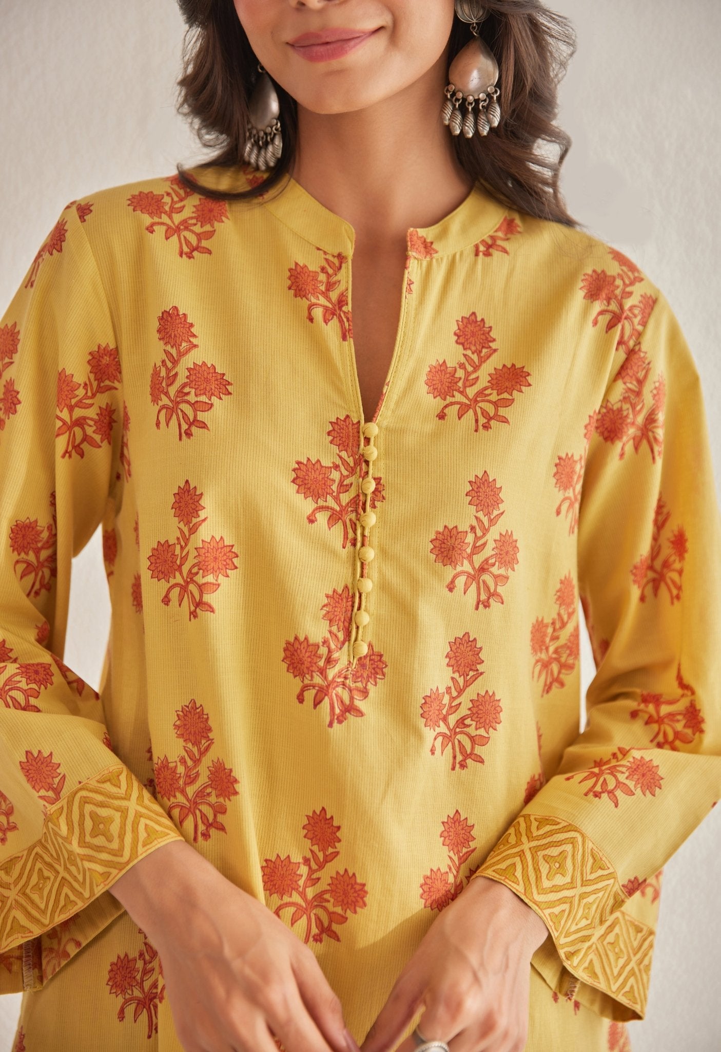 Mustard Floral Buti Hand Block Printed Coord Set - Tara - C - Tara