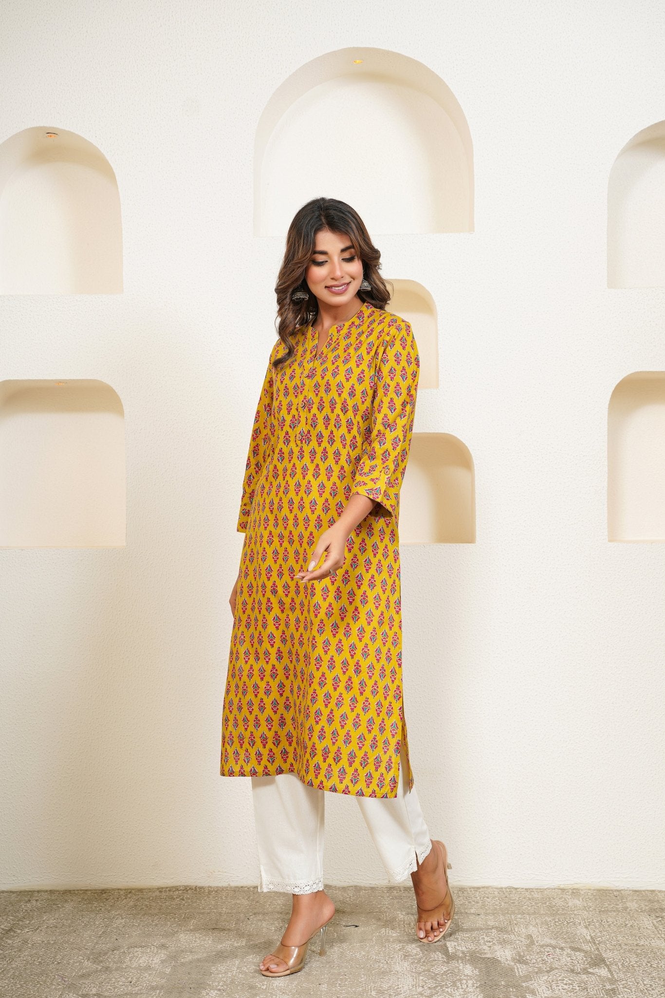 Mustard Floral Buti Printed Kurta - Tara - C - Tara