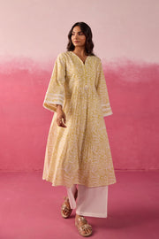 Mustard Hand Block Print Gathered Kurta & White Pant Co-ord Set