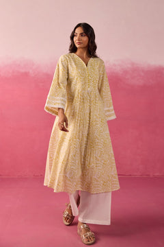 Mustard Hand Block Print Gathered Kurta & White Pant Co-ord Set