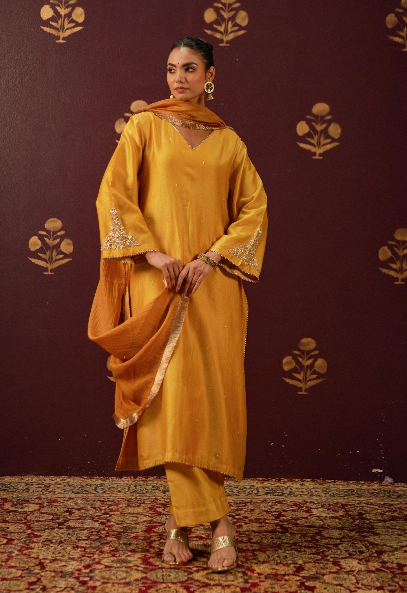 Mustard Majesty: Hand - Embroidered Chanderi Suit Set with Lace - Trimmed Dupatta - Tara - C - Tara