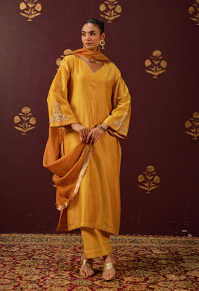 Mustard Majesty: Hand - Embroidered Chanderi Suit Set with Lace - Trimmed Dupatta - Tara - C - Tara