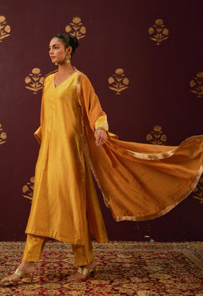 Mustard Majesty: Hand - Embroidered Chanderi Suit Set with Lace - Trimmed Dupatta - Tara - C - Tara