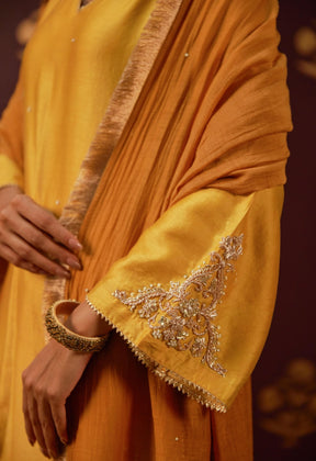 Mustard Majesty: Hand - Embroidered Chanderi Suit Set with Lace - Trimmed Dupatta - Tara - C - Tara