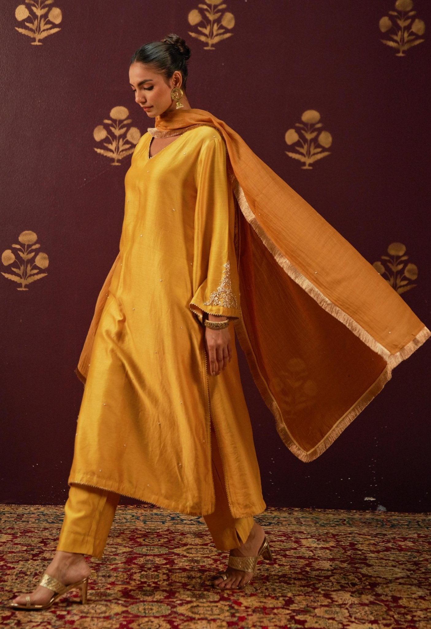 Mustard Majesty: Hand - Embroidered Chanderi Suit Set with Lace - Trimmed Dupatta - Tara - C - Tara