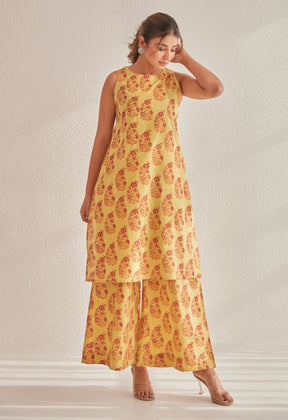 Mustard Off Sleeves floral Buta Hand Block Printed Coord Set - Tara - C - Tara