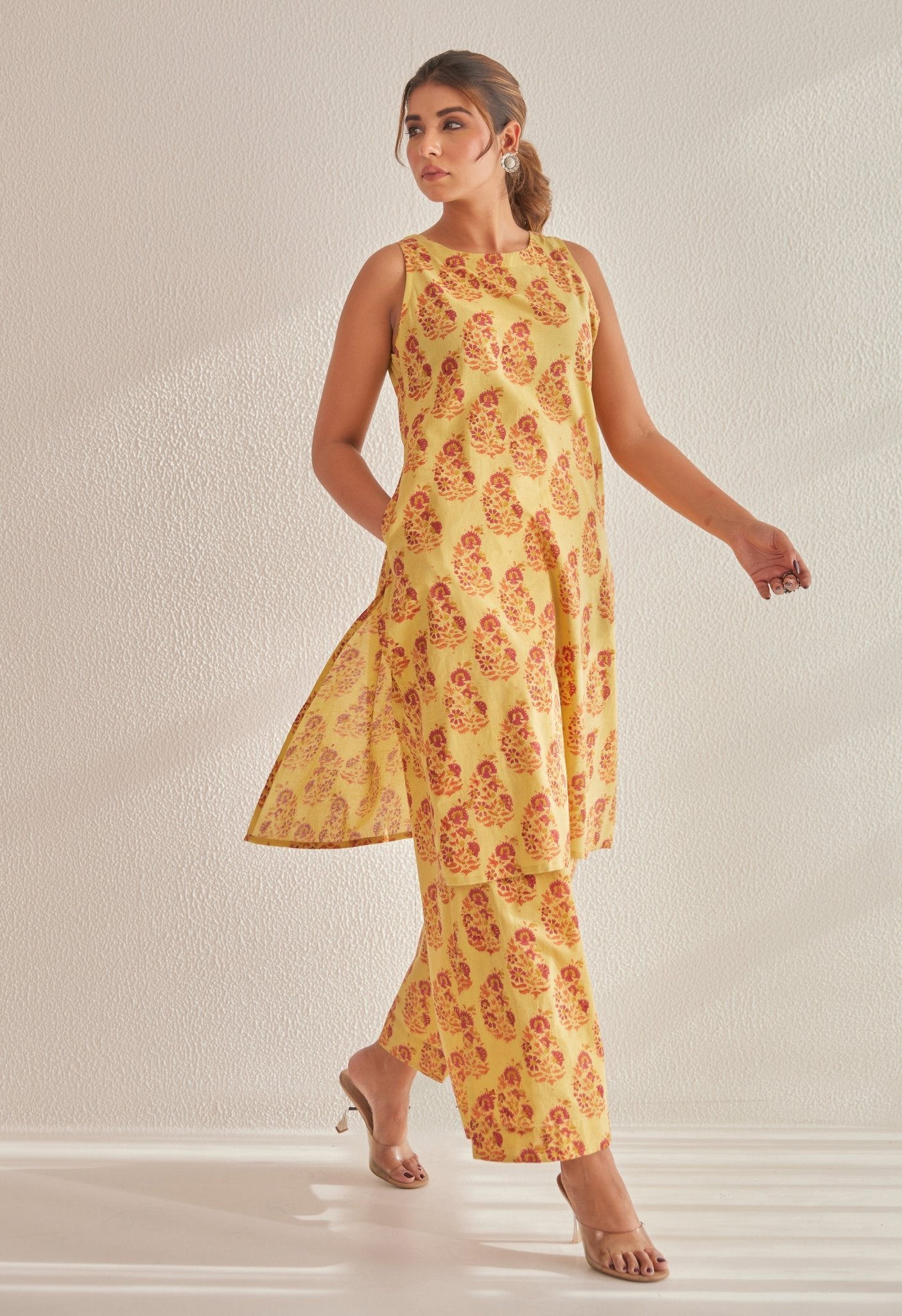 Mustard Off Sleeves floral Buta Hand Block Printed Coord Set - Tara - C - Tara