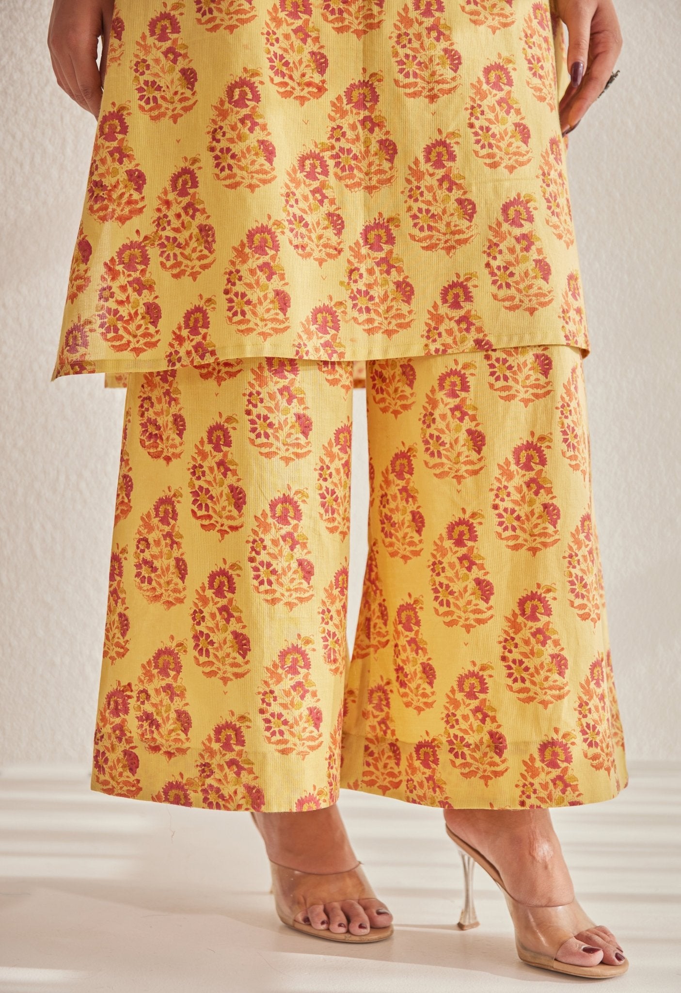 Mustard Off Sleeves floral Buta Hand Block Printed Coord Set - Tara - C - Tara