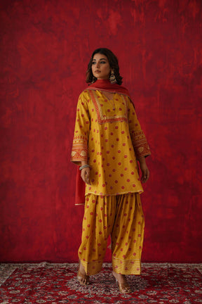 Mustard Polka Dot Farshi Salwar Suit Set With Dupatta - Tara - C - Tara