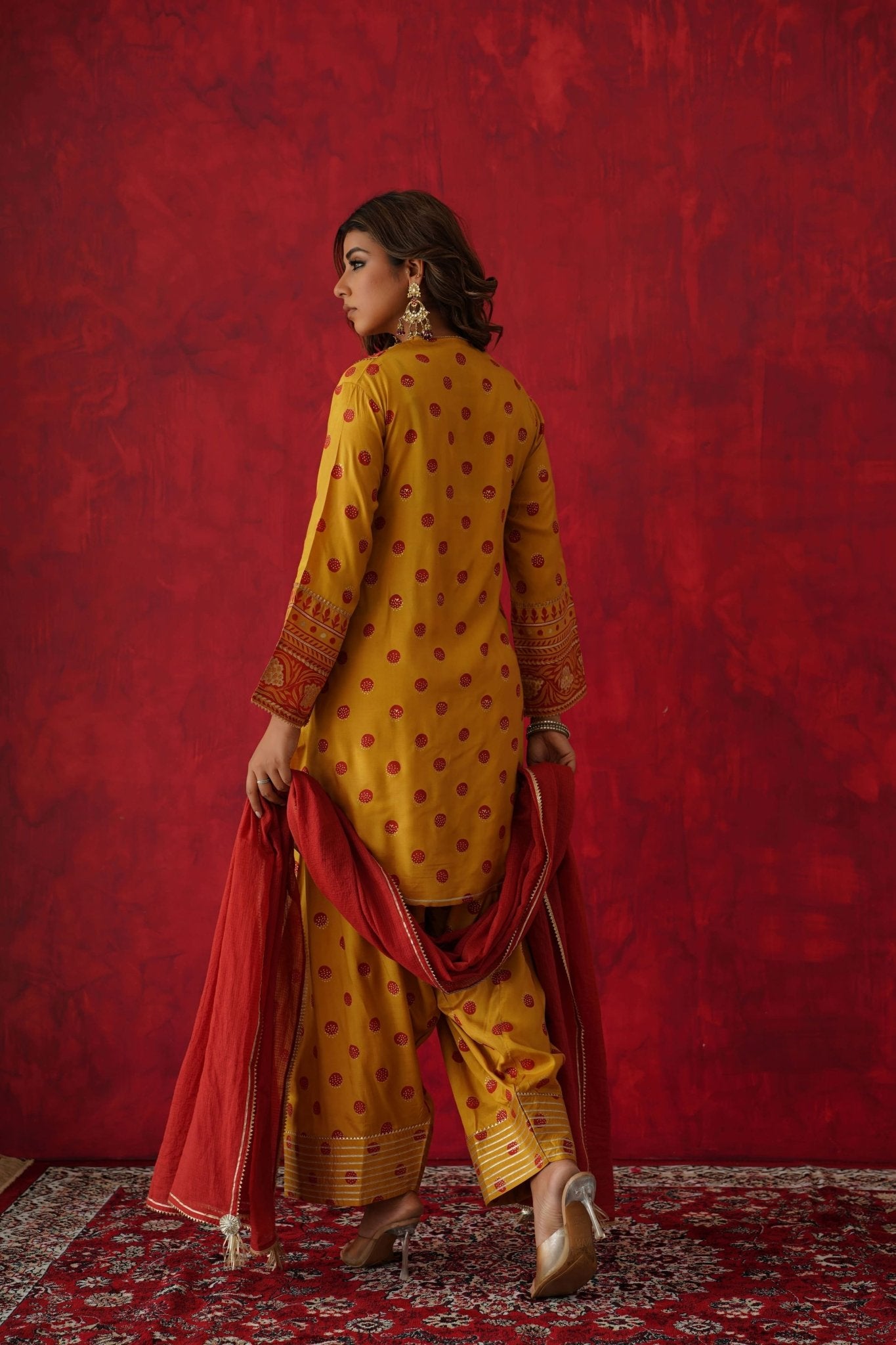 Mustard Polka Dot Farshi Salwar Suit Set With Dupatta - Tara - C - Tara