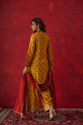 Mustard Polka Dot Farshi Salwar Suit Set With Dupatta - Tara - C - Tara