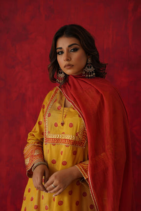 Mustard Polka Dot Farshi Salwar Suit Set With Dupatta - Tara - C - Tara