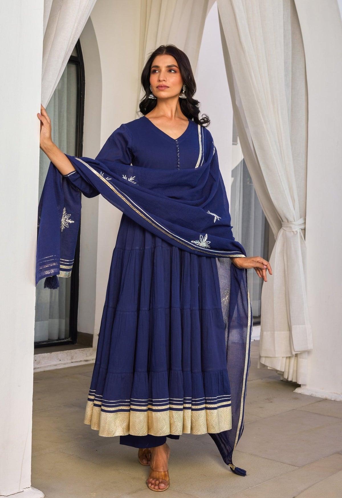 Navy Blue Cotton Mulmul Tiered kurta Set With Dupatta - Tara - C - Tara