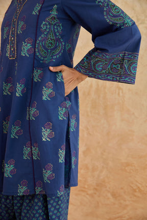 Navy Blue Floral Block Print Farsi Salwar Co-ord Set - Tara-C-Tara