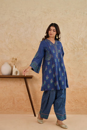 Navy Blue Floral Block Print Farsi Salwar Co-ord Set - Tara-C-Tara
