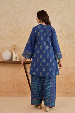 Navy Blue Floral Block Print Farsi Salwar Co-ord Set - Tara-C-Tara