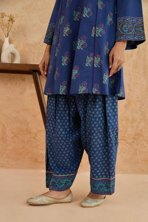 Navy Blue Floral Block Print Farsi Salwar Co-ord Set - Tara-C-Tara