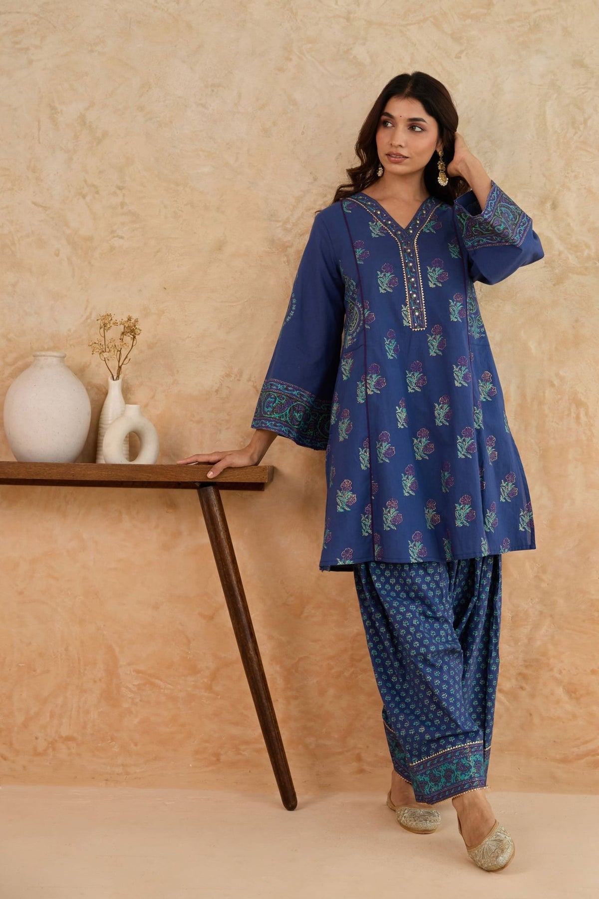 Navy Blue Floral Block Print Farsi Salwar Co-ord Set - Tara-C-Tara