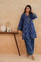Navy Blue Floral Block Print Farsi Salwar Co-ord Set - Tara-C-Tara