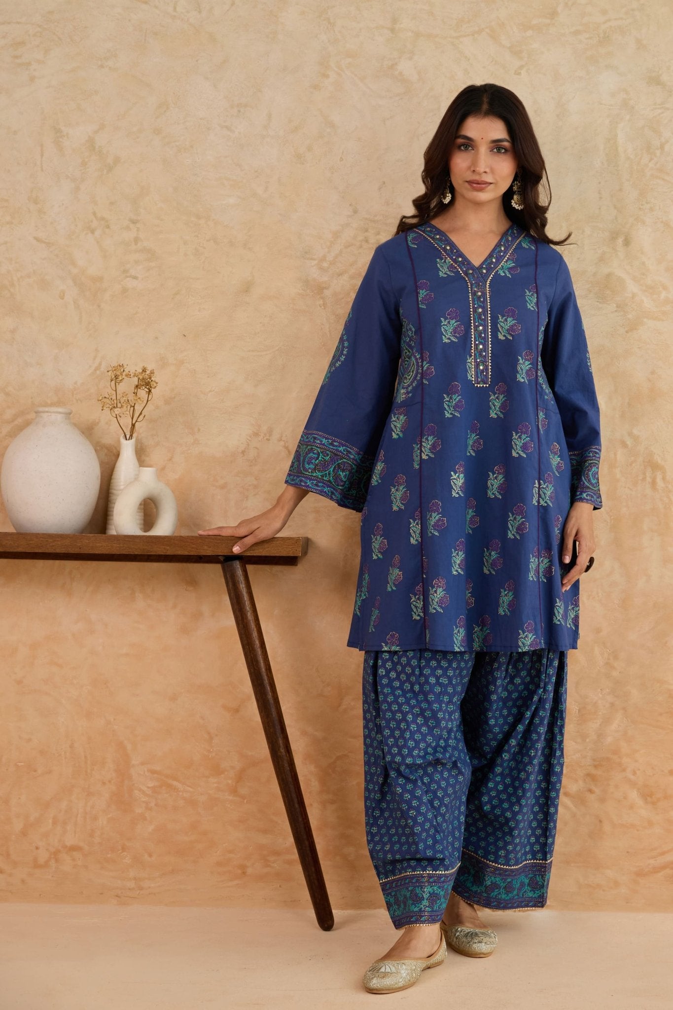 Navy Blue Floral Block Print Farsi Salwar Co-ord Set - Tara-C-Tara