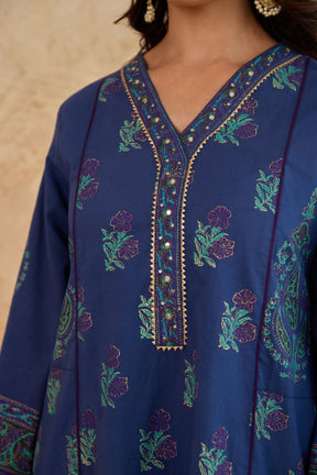 Navy Blue Floral Block Print Farsi Salwar Co-ord Set - Tara-C-Tara