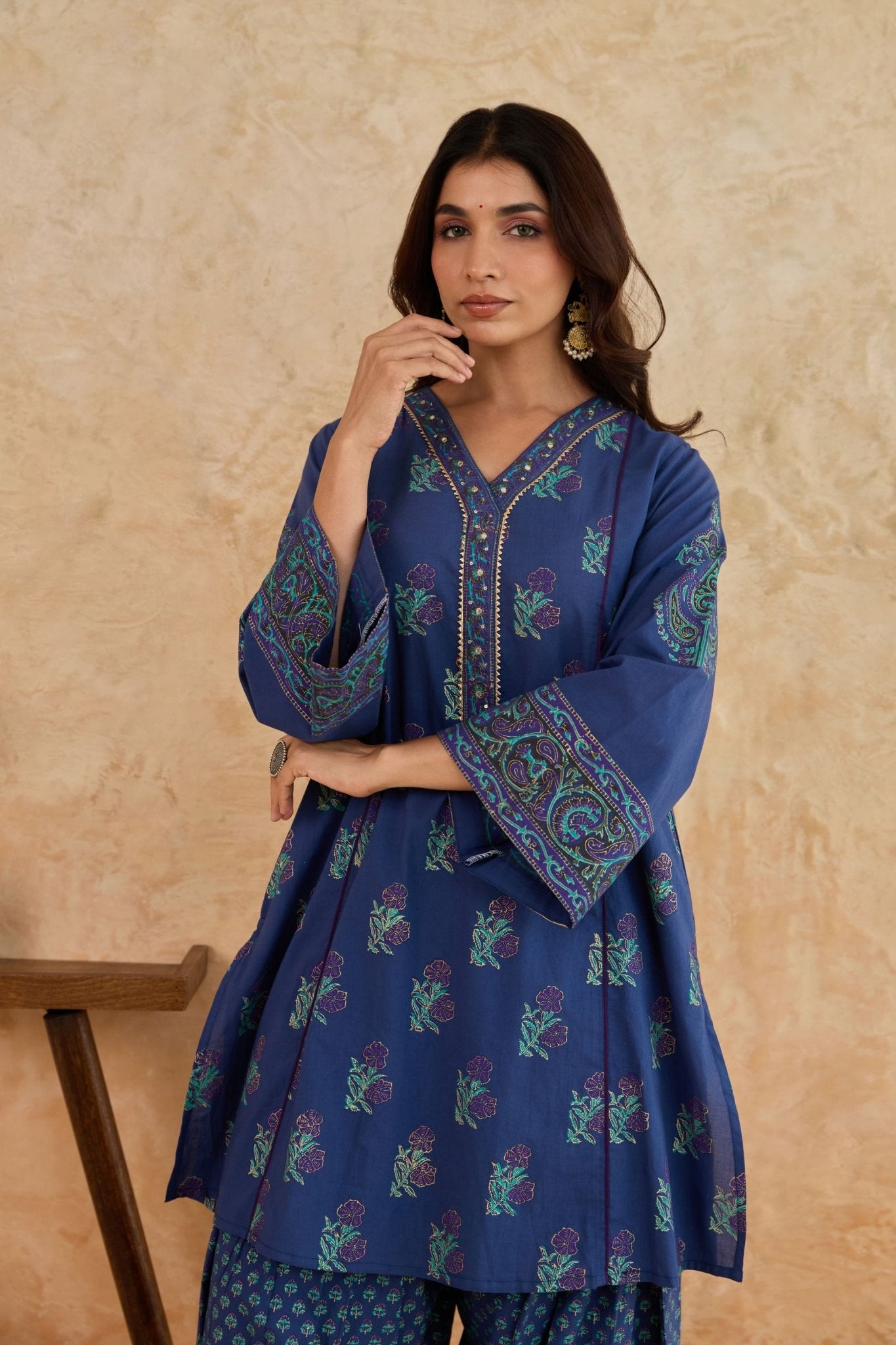 Navy Blue Floral Block Print Farsi Salwar Co-ord Set - Tara-C-Tara