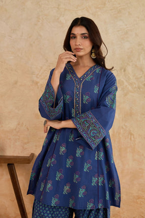 Navy Blue Floral Block Print Farsi Salwar Co-ord Set - Tara-C-Tara
