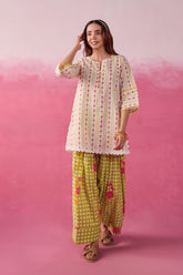 Olive Botanical Stripe Scalloped Co - ord Set - Tara - C - Tara