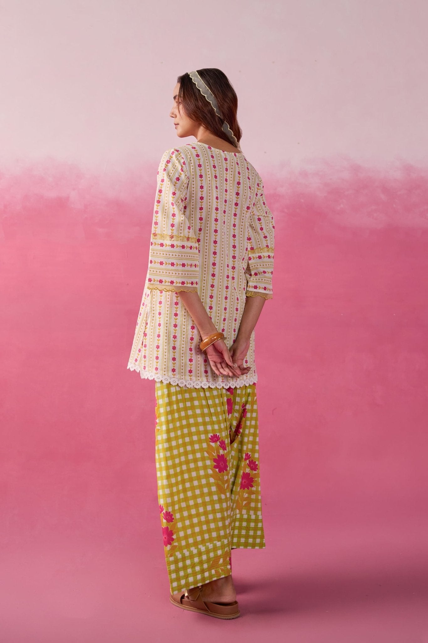 Olive Botanical Stripe Scalloped Co - ord Set - Tara - C - Tara