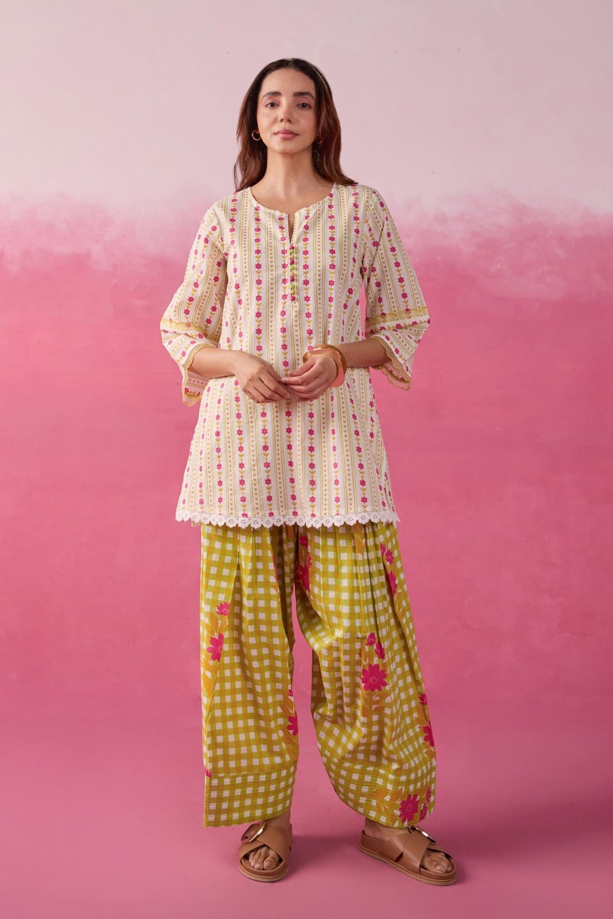 Olive Botanical Stripe Scalloped Co - ord Set - Tara - C - Tara