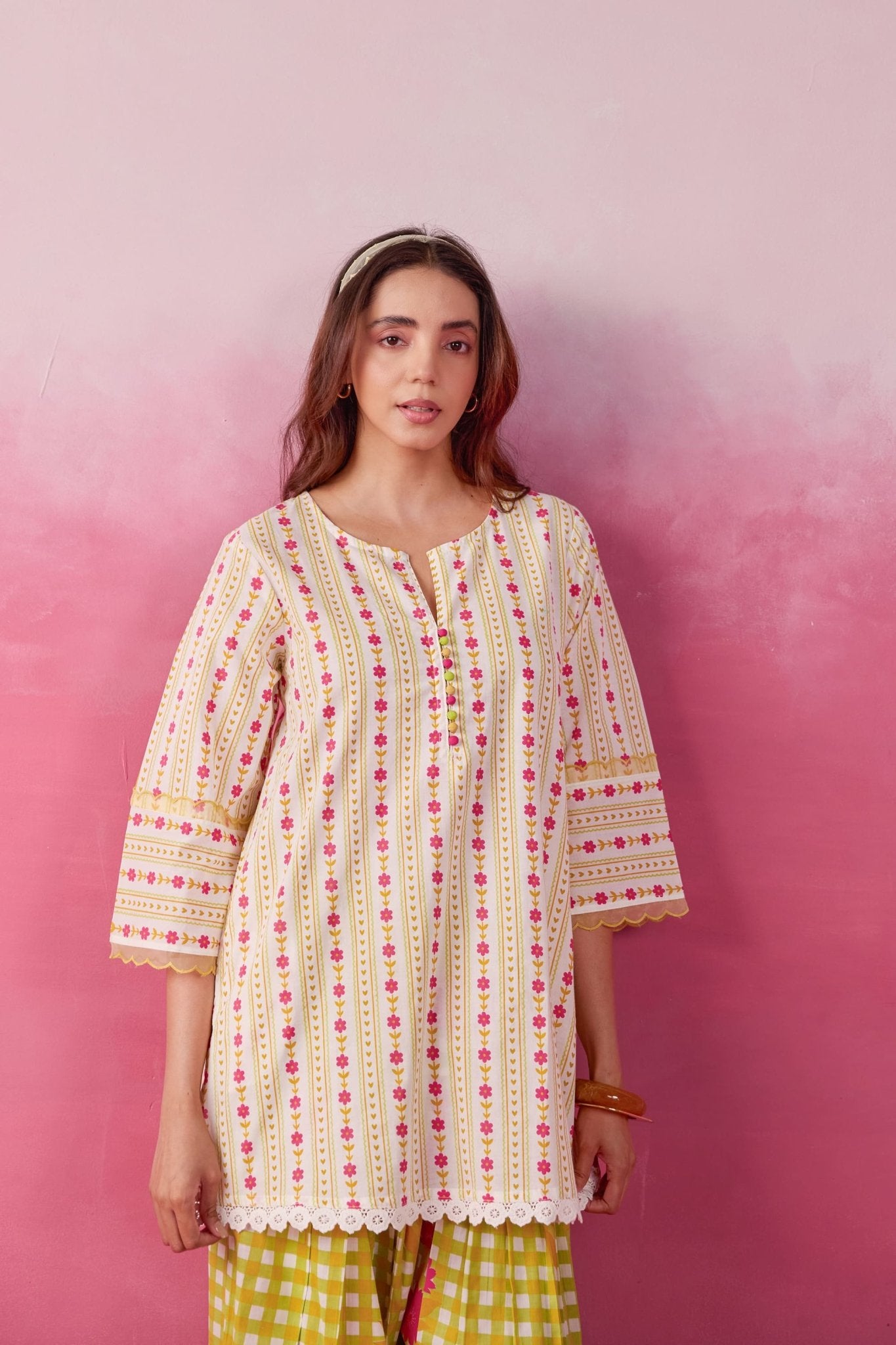 Olive Botanical Stripe Scalloped Co - ord Set - Tara - C - Tara