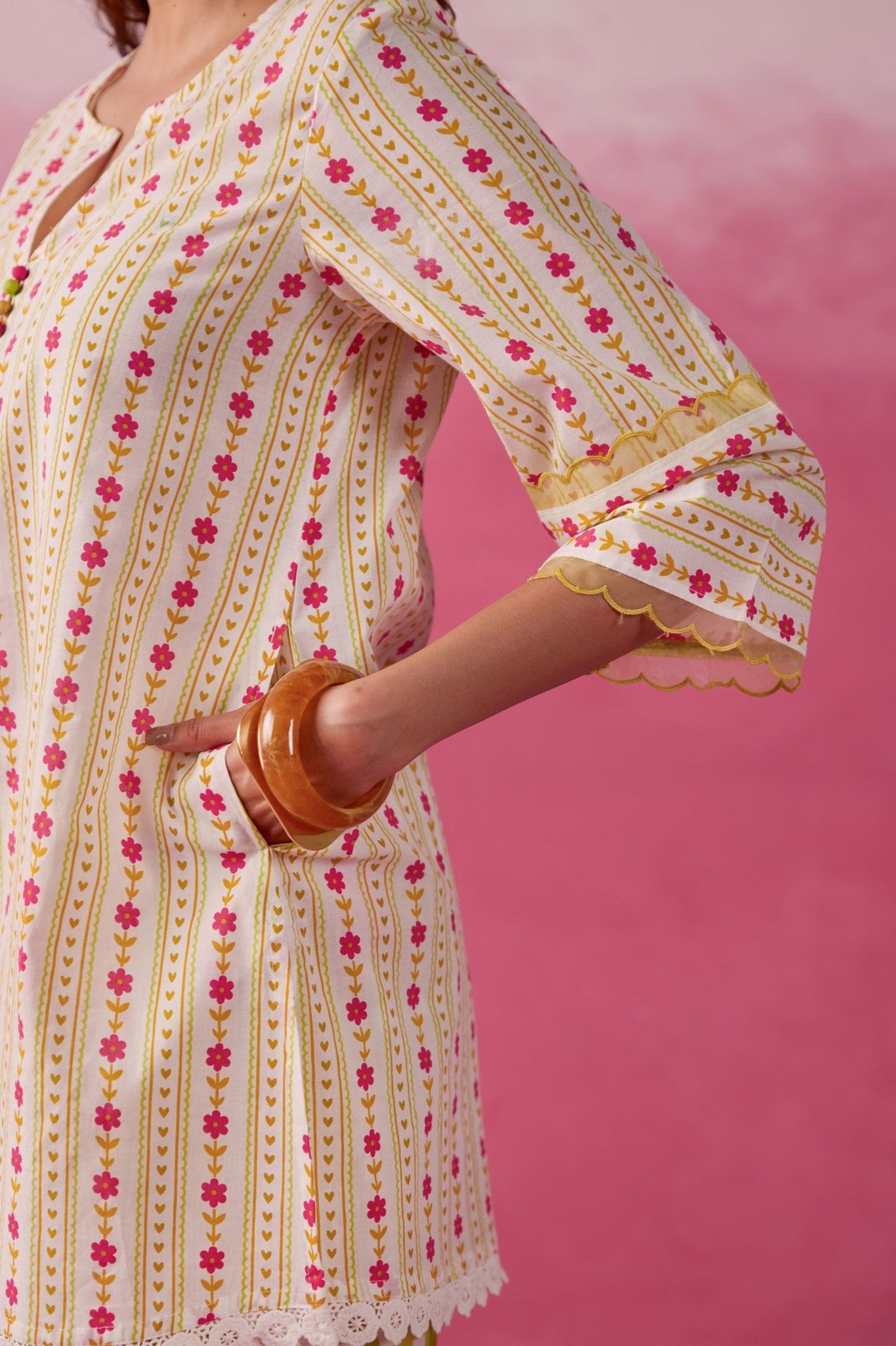 Olive Botanical Stripe Scalloped Co - ord Set - Tara - C - Tara