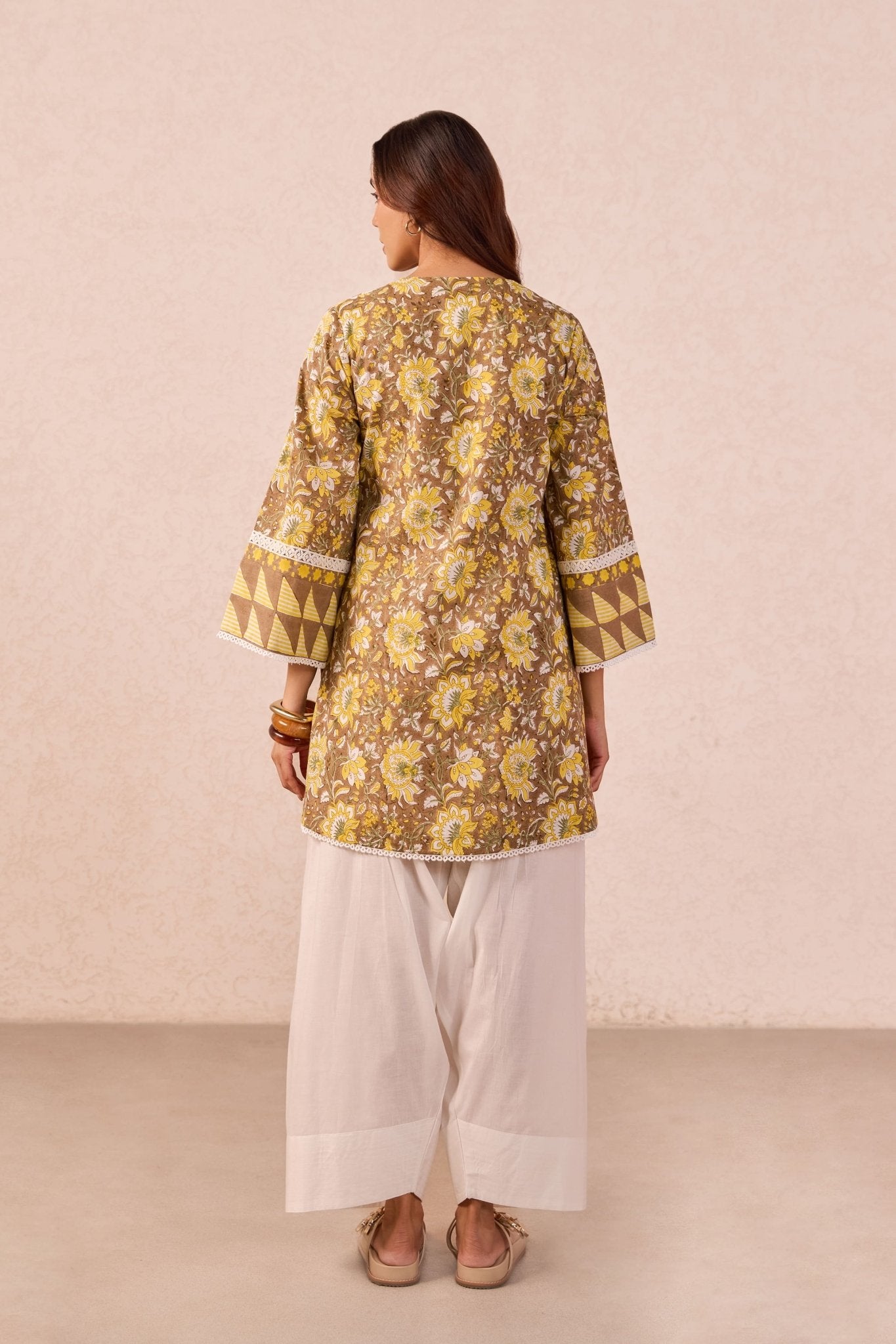Olive Brown Floral Hand Block Printed Co-ord Set - Tara-C-Tara