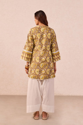 Olive Brown Floral Hand Block Printed Co-ord Set - Tara-C-Tara